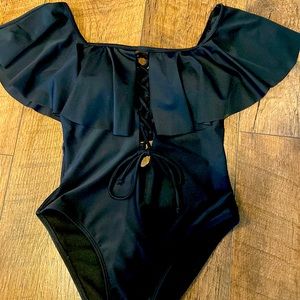 Off shoulder black lace up built in bra sexy on piece bathing suit!